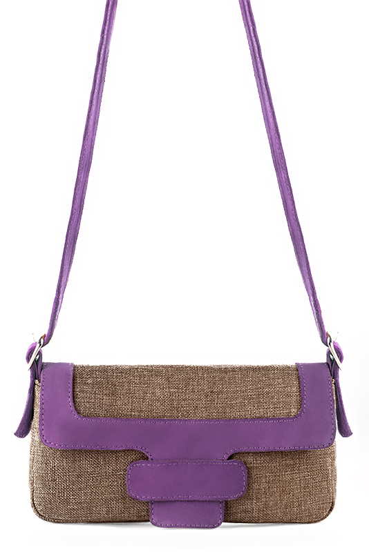 Caramel brown and amethyst purple women's dress handbag, matching pumps and belts. Top view - Florence KOOIJMAN